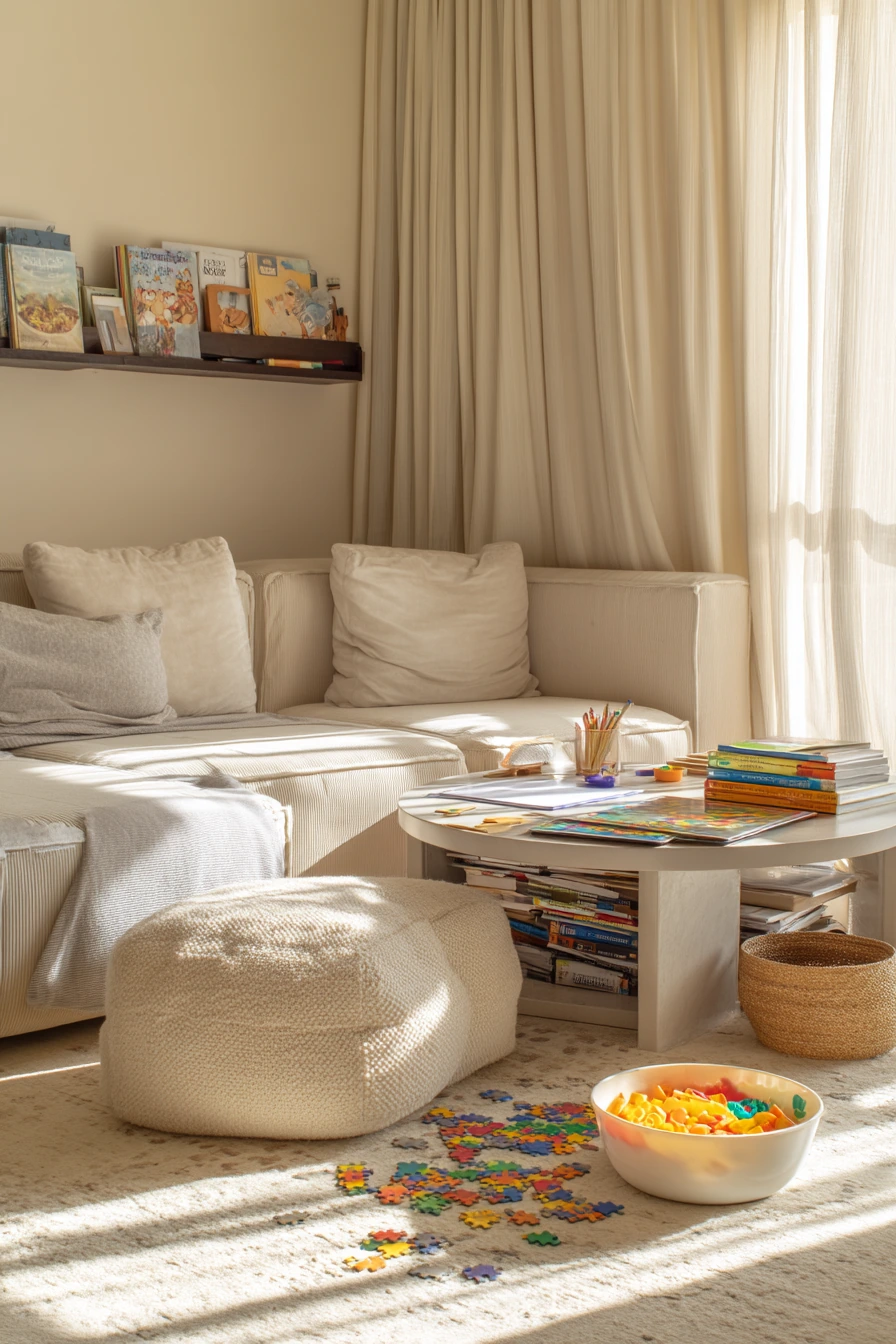 Beige Living Room with Kids