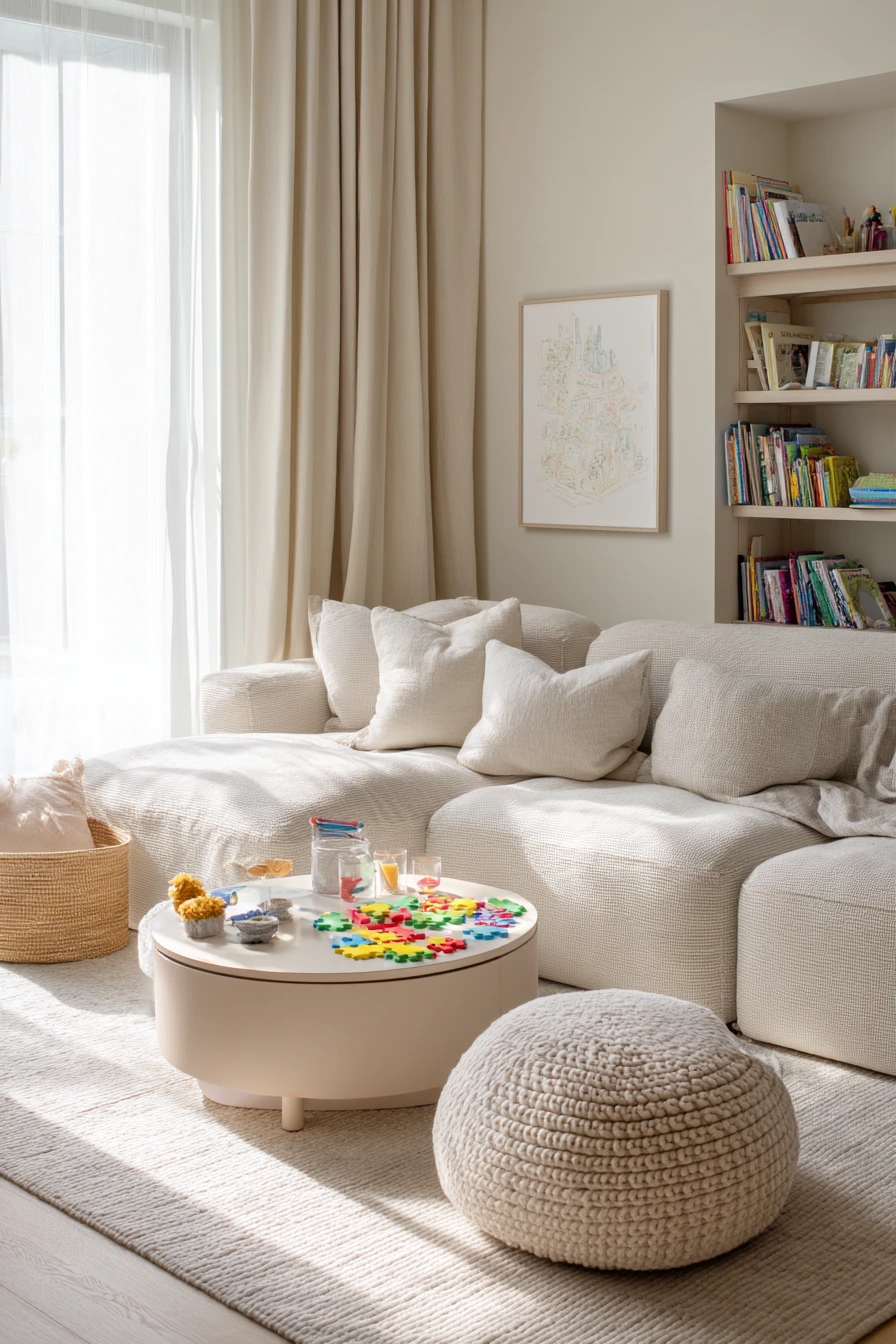Beige Living Room with Kids