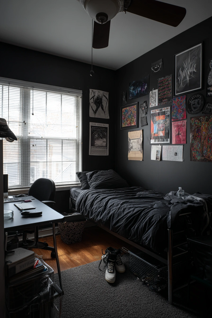Teen Bedroom with Black Walls and Posters