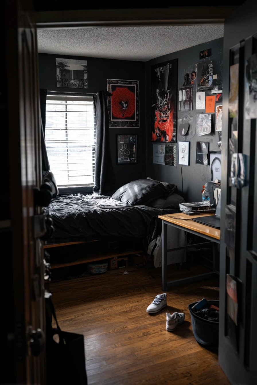 Teen Bedroom with Black Walls and Posters