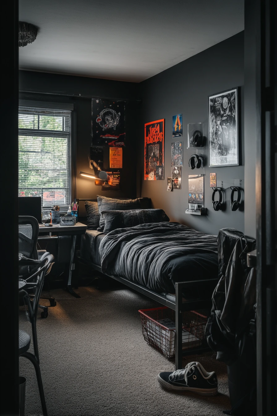 Teen Bedroom with Black Walls and Posters