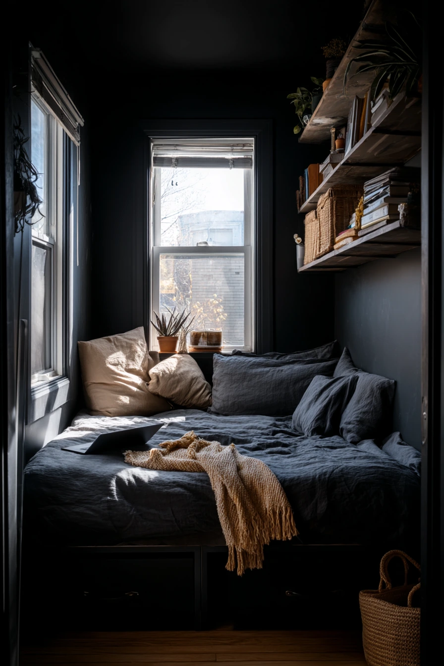 Small Space Black Bedroom with Clever Storage