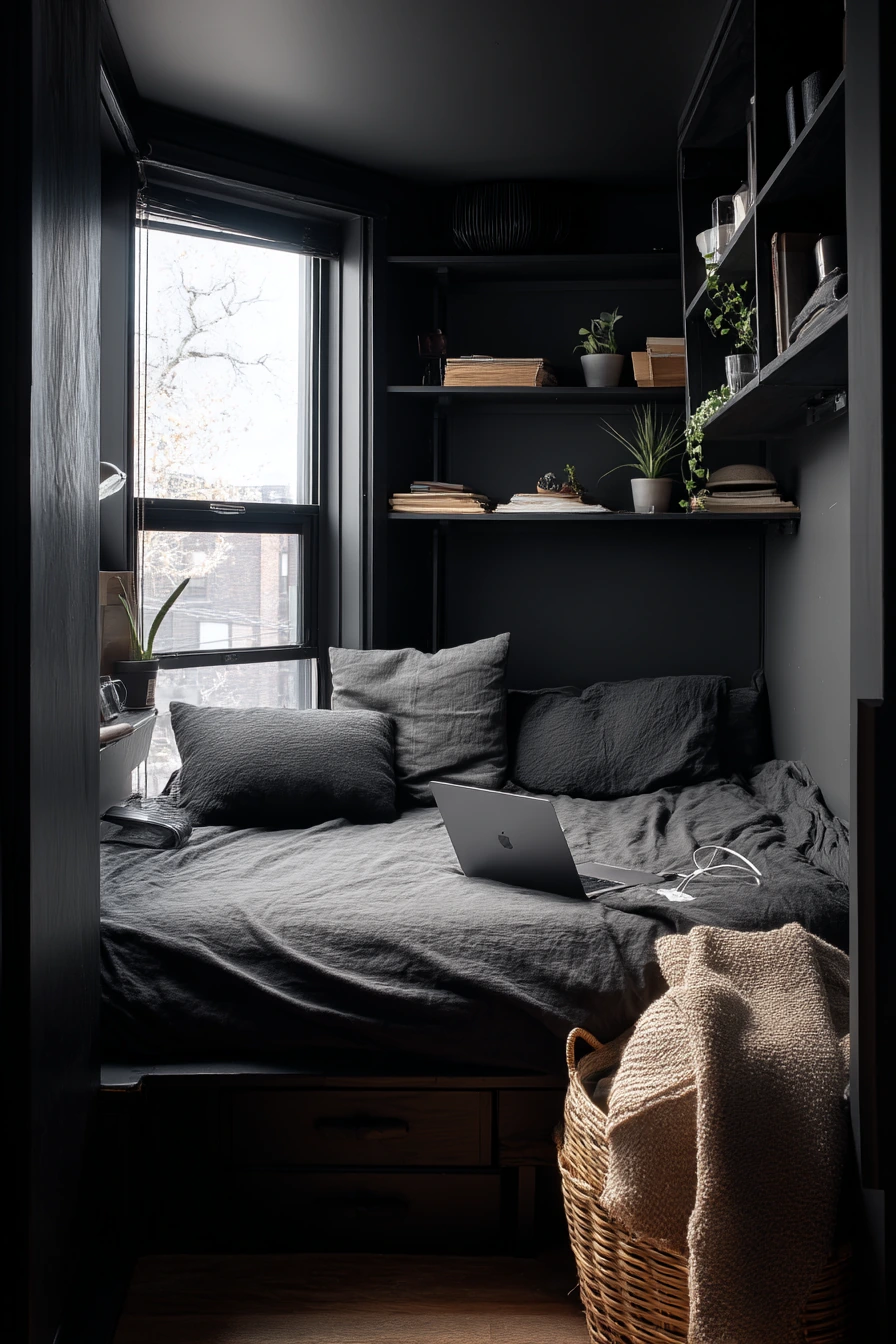 Small Space Black Bedroom with Clever Storage