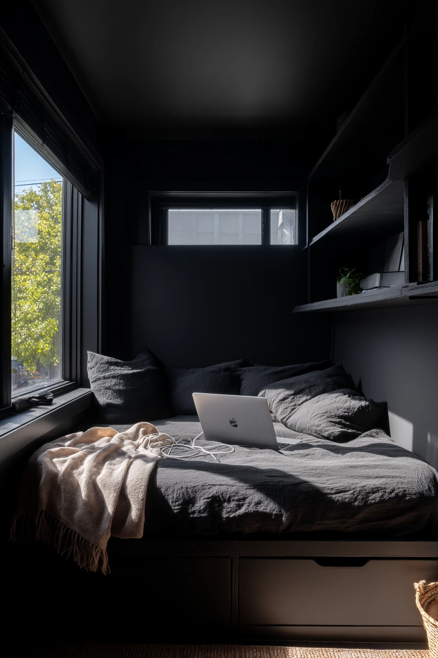 Small Space Black Bedroom with Clever Storage
