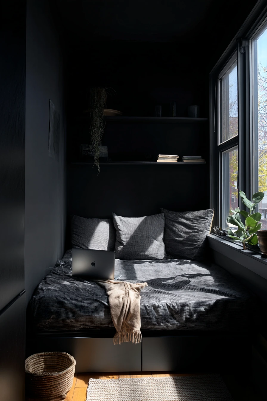 Small Space Black Bedroom with Clever Storage