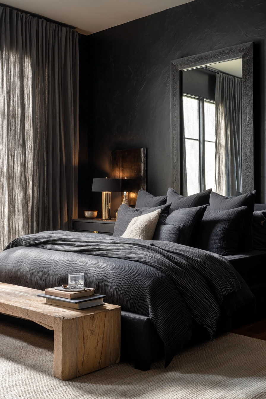 Black Bedroom with Soft Hotel-Style Layers