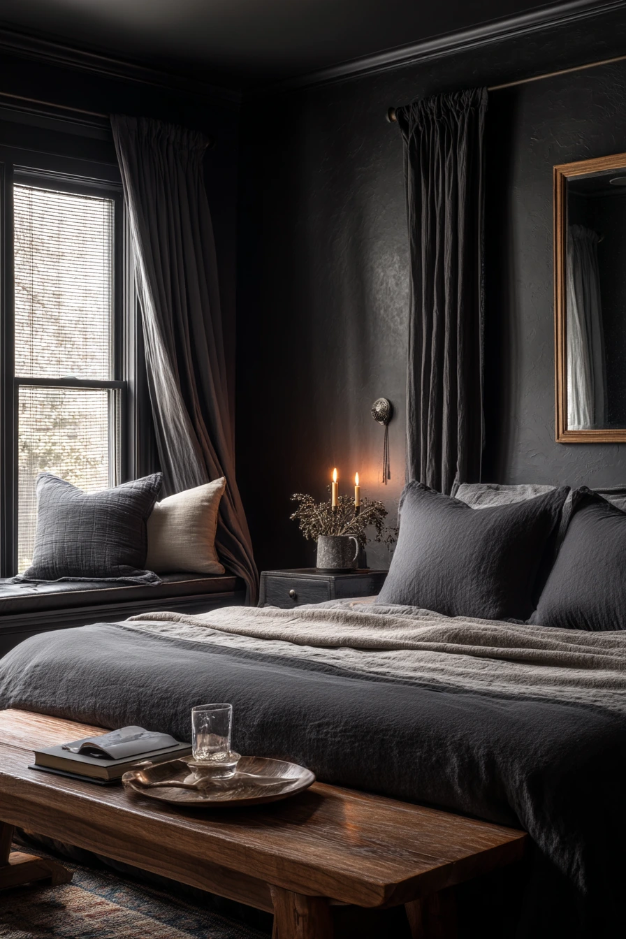 Black Bedroom with Soft Hotel-Style Layers
