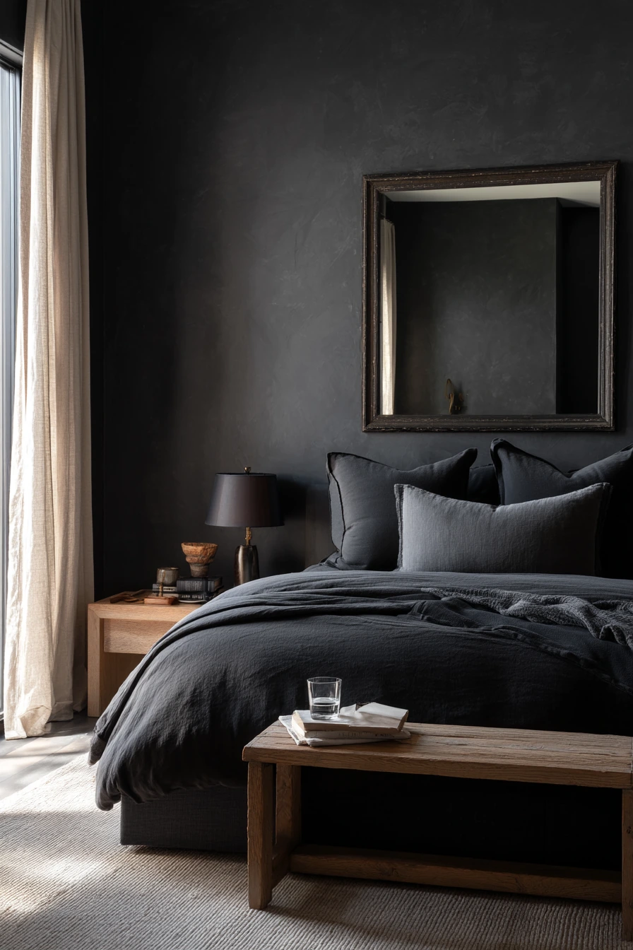 Black Bedroom with Soft Hotel-Style Layers