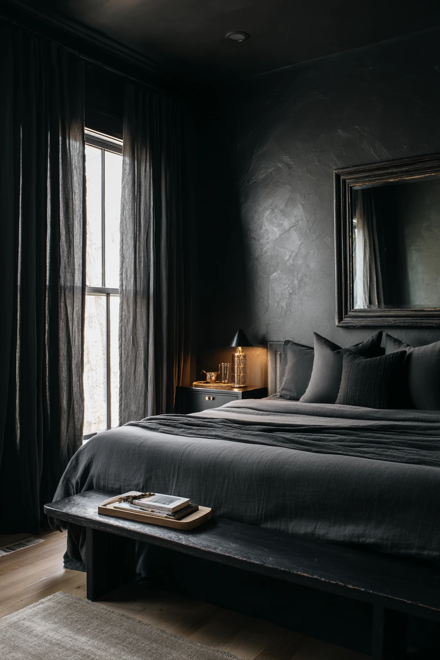 Black Bedroom with Soft Hotel-Style Layers