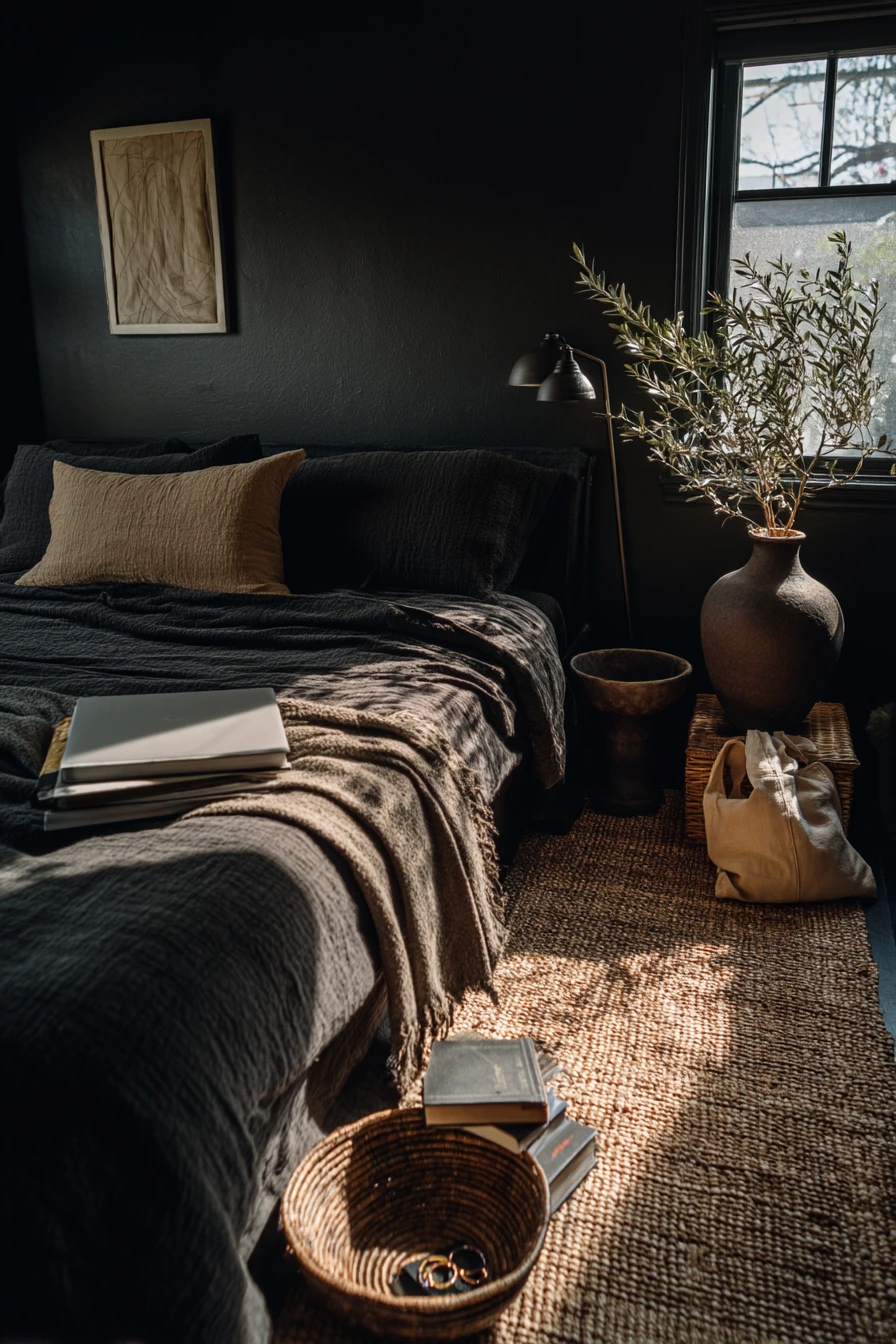All-Black Bedroom with Earthy Accents