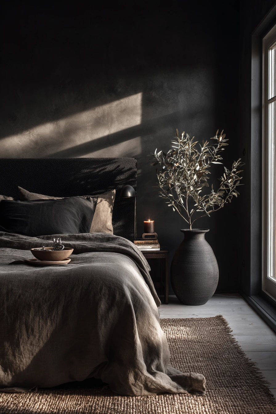 All-Black Bedroom with Earthy Accents