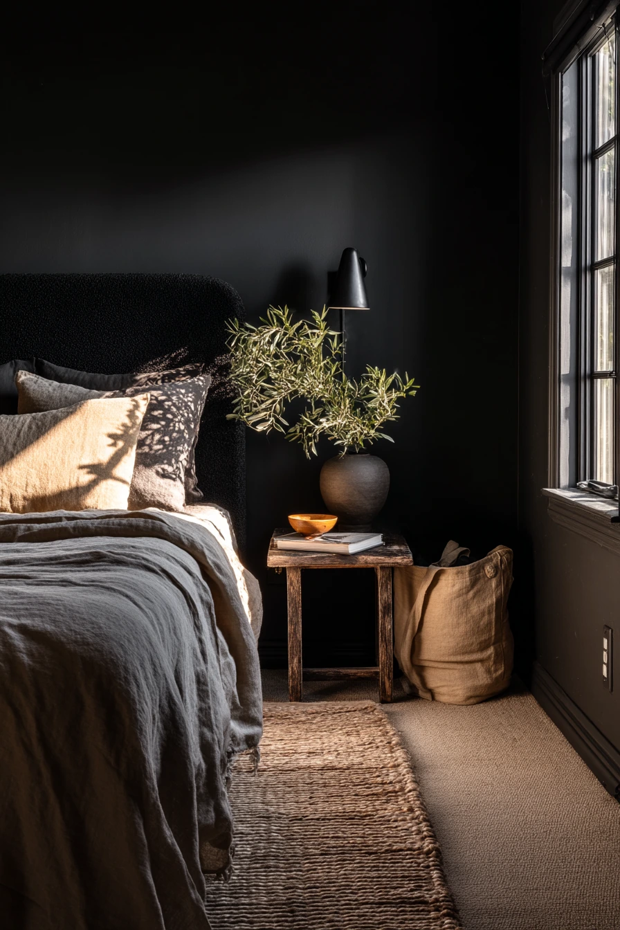 All-Black Bedroom with Earthy Accents