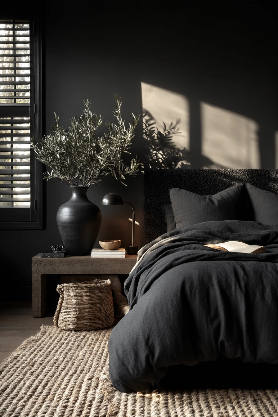 All-Black Bedroom with Earthy Accents