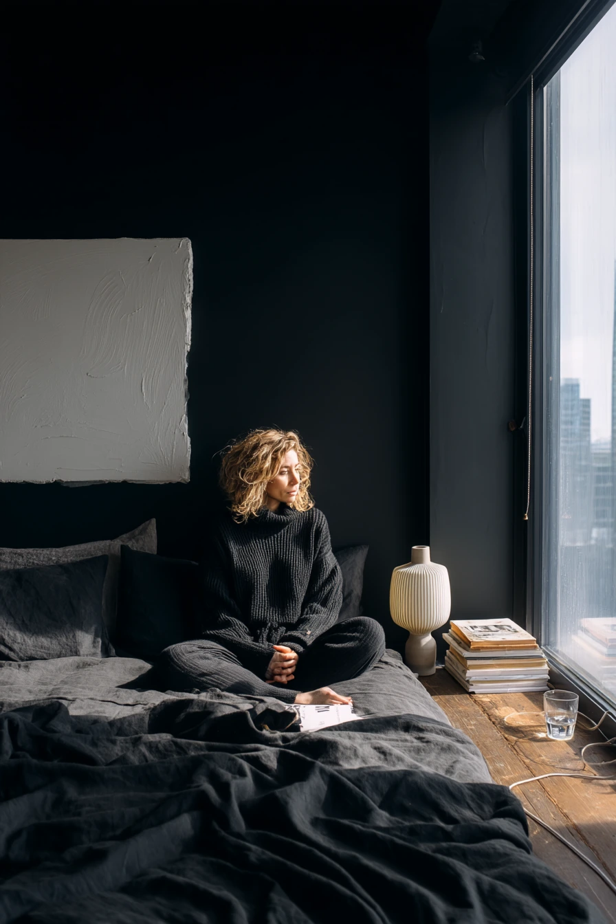 Black Bedroom for a Quiet City Apartment