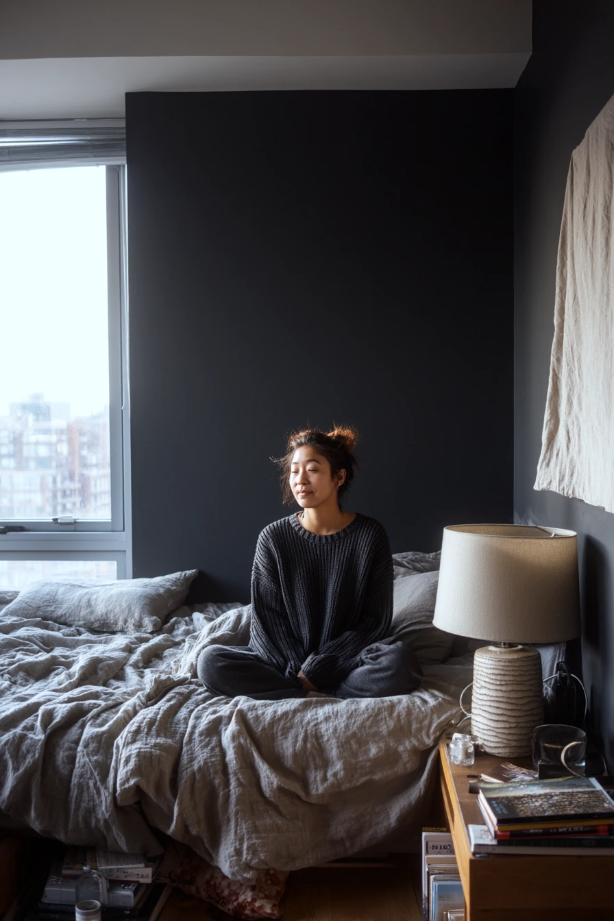 Black Bedroom for a Quiet City Apartment