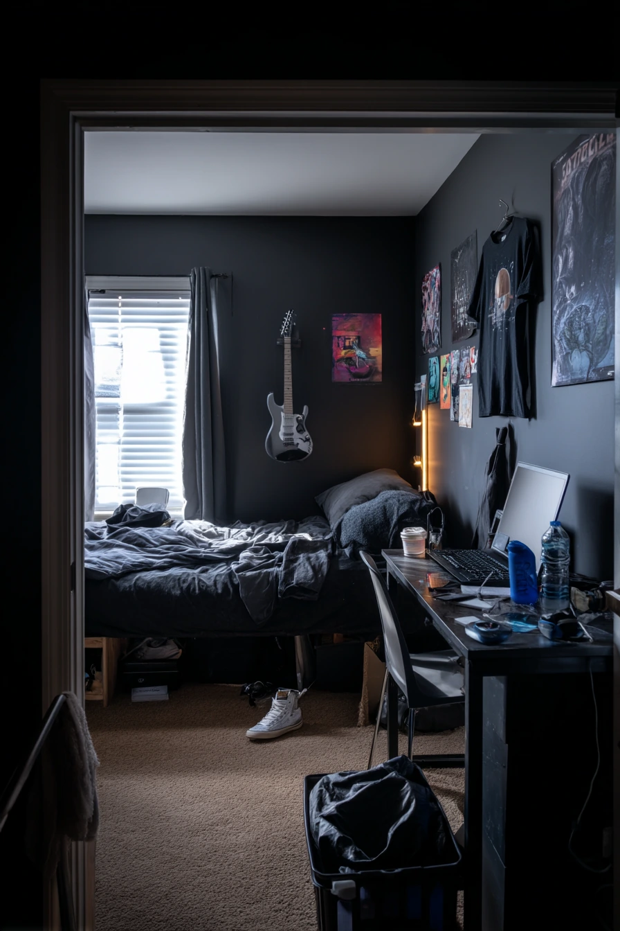 Teen Bedroom with Black Walls and Posters