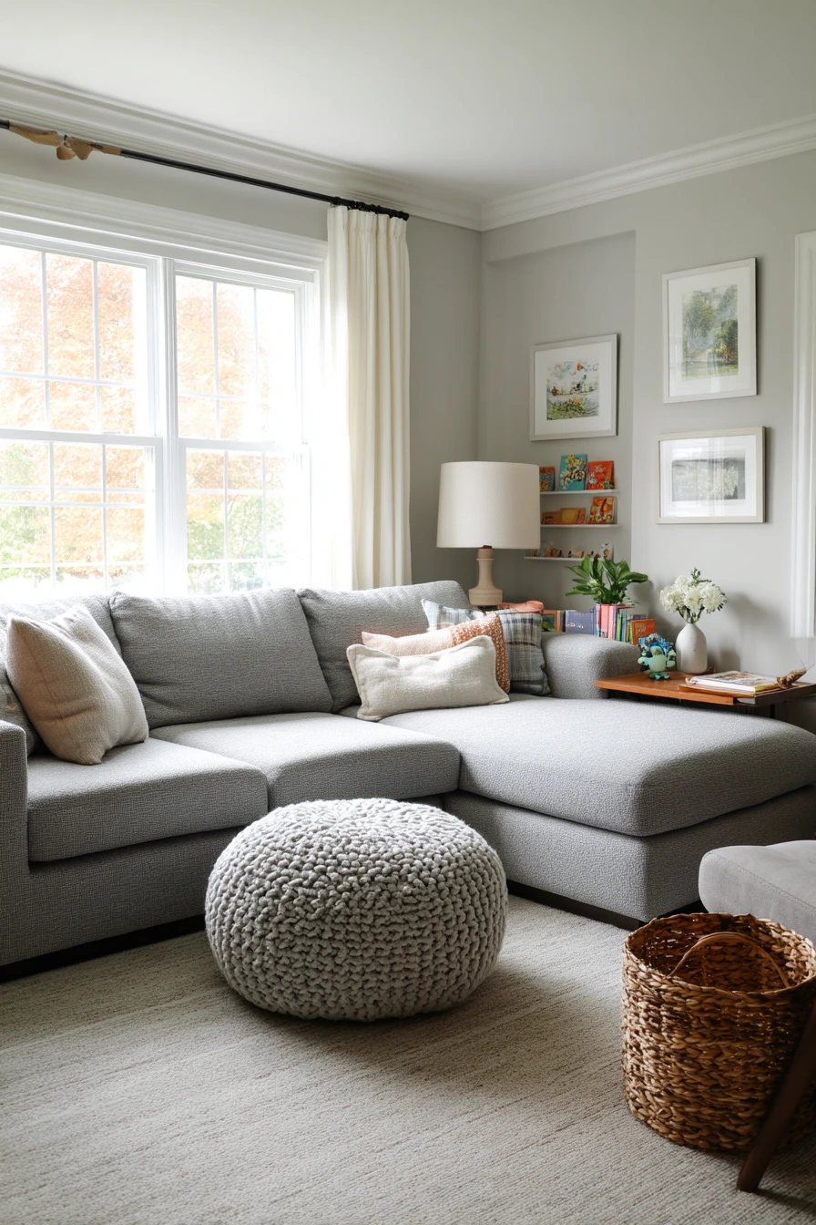 Gray Living Room with Kids at Home