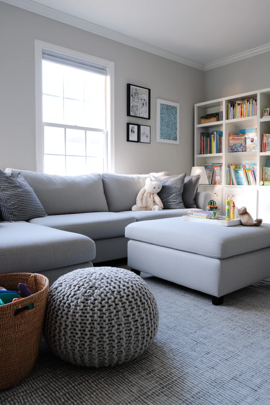 Gray Living Room with Kids at Home