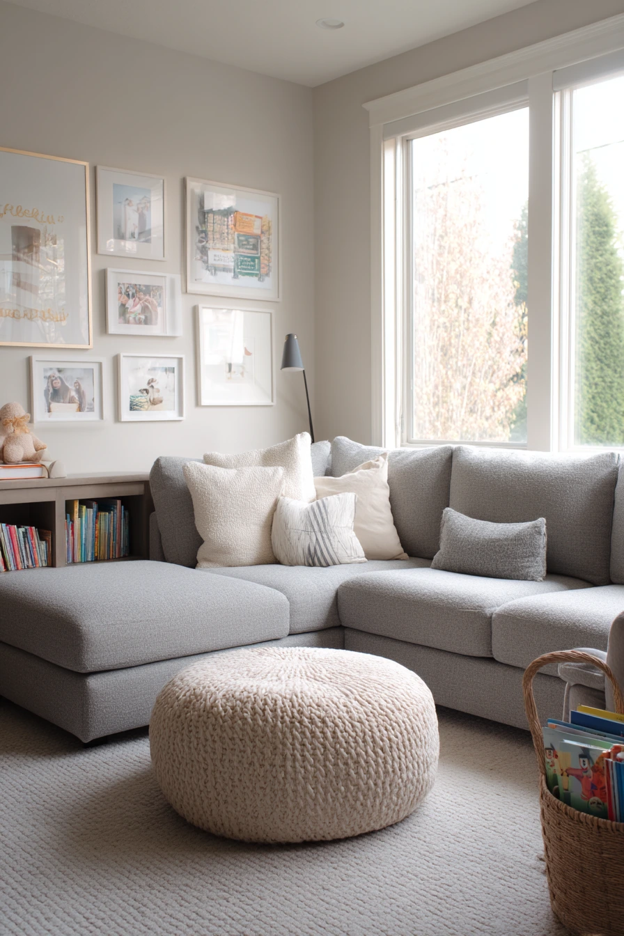 Gray Living Room with Kids at Home