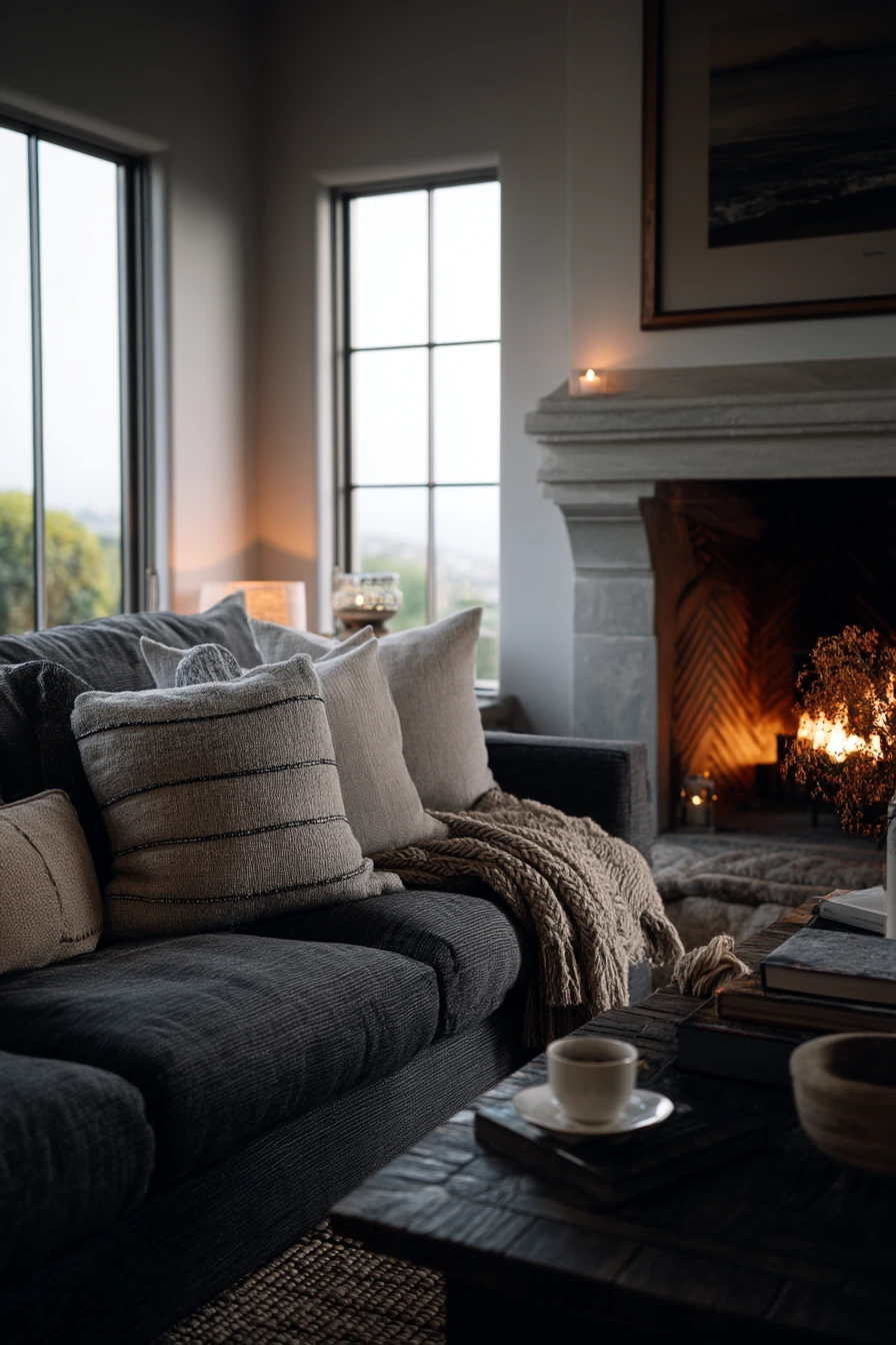 Layered Gray Living Room with Firelight