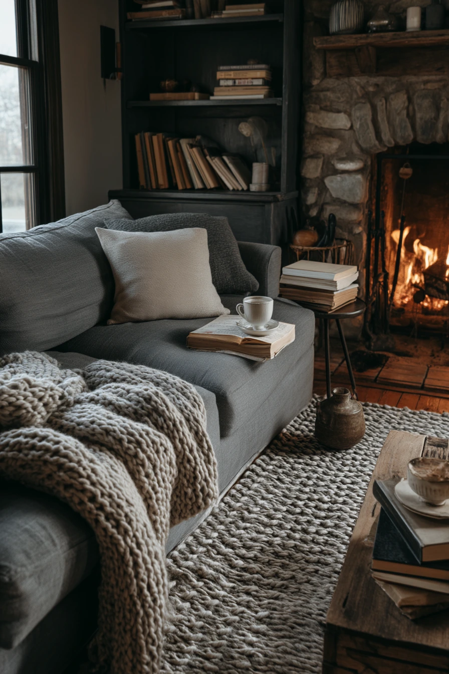 Layered Gray Living Room with Firelight