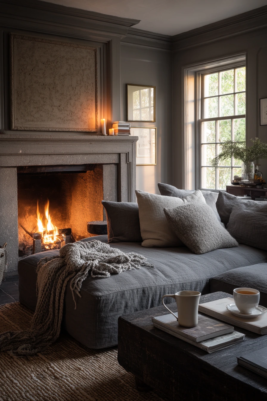 Layered Gray Living Room with Firelight