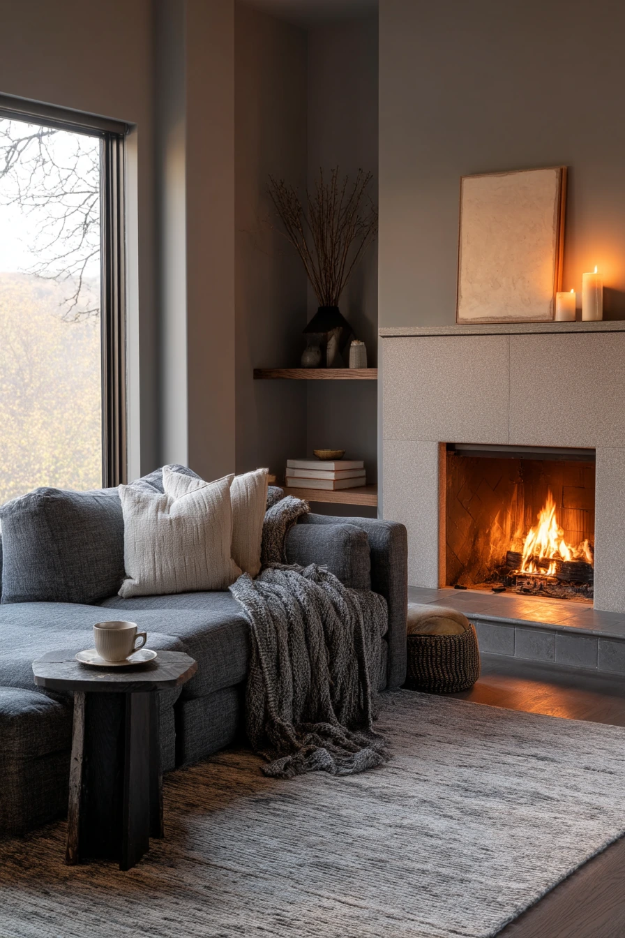 Layered Gray Living Room with Firelight