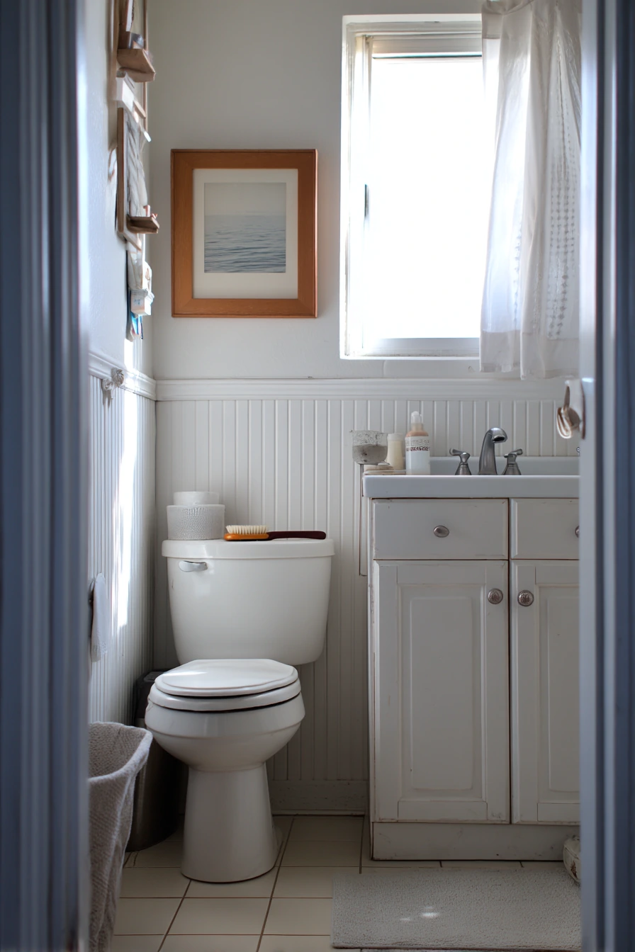 Budget-Friendly White Bathroom with Thrifted Touches
