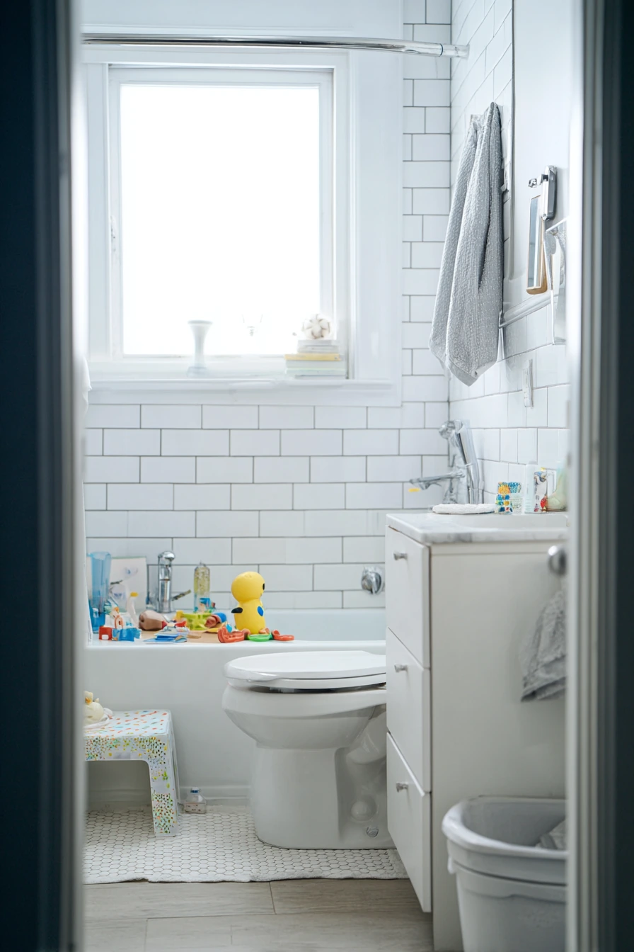 White Bathroom with Kids’ Morning Chaos