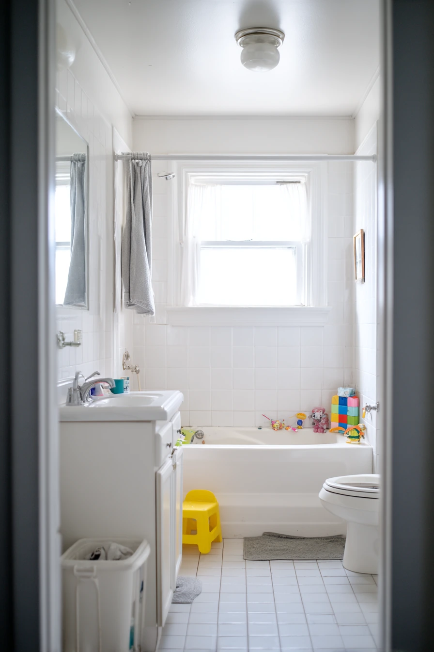 White Bathroom with Kids’ Morning Chaos