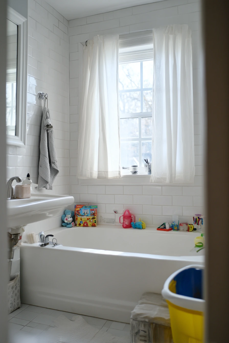 White Bathroom with Kids’ Morning Chaos