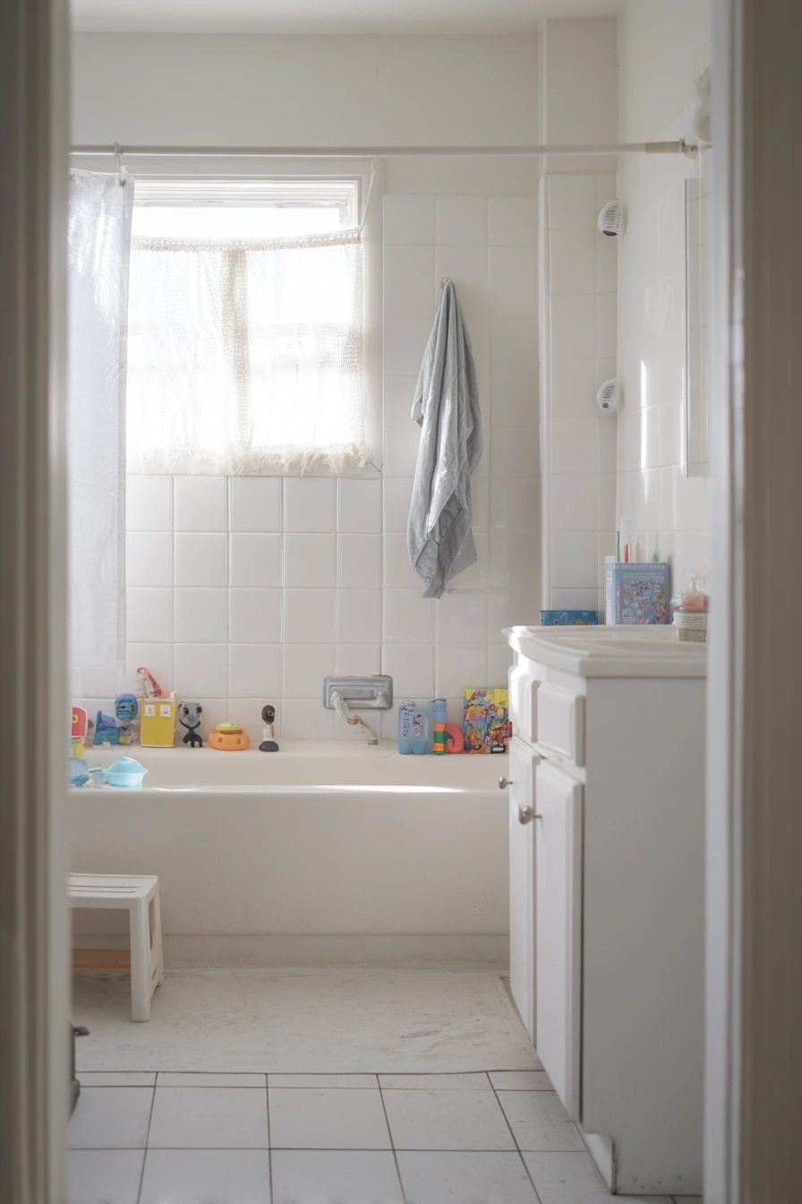 White Bathroom with Kids’ Morning Chaos