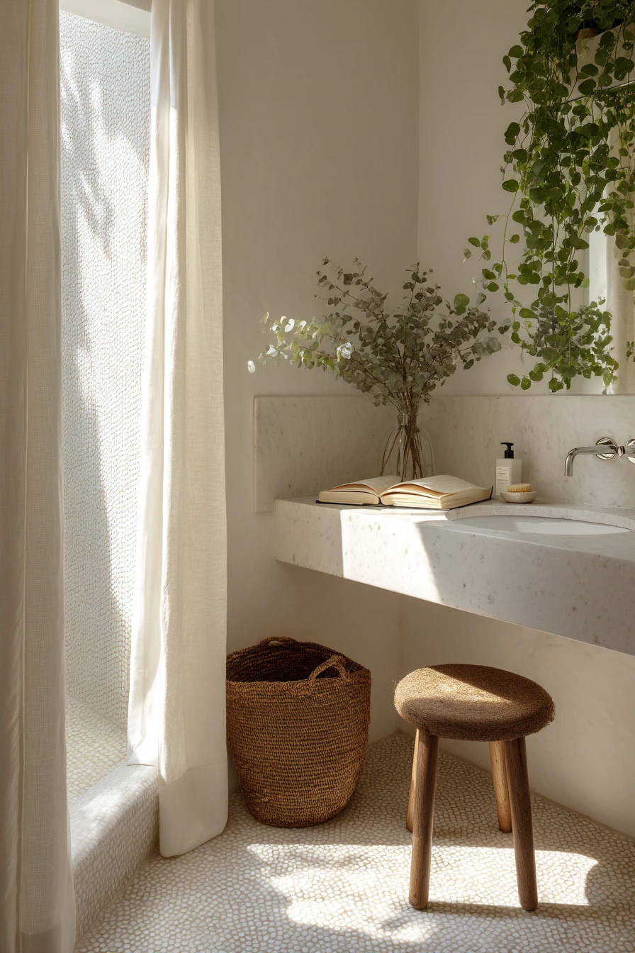 Minimal White Bathroom with Plants and Natural Texture