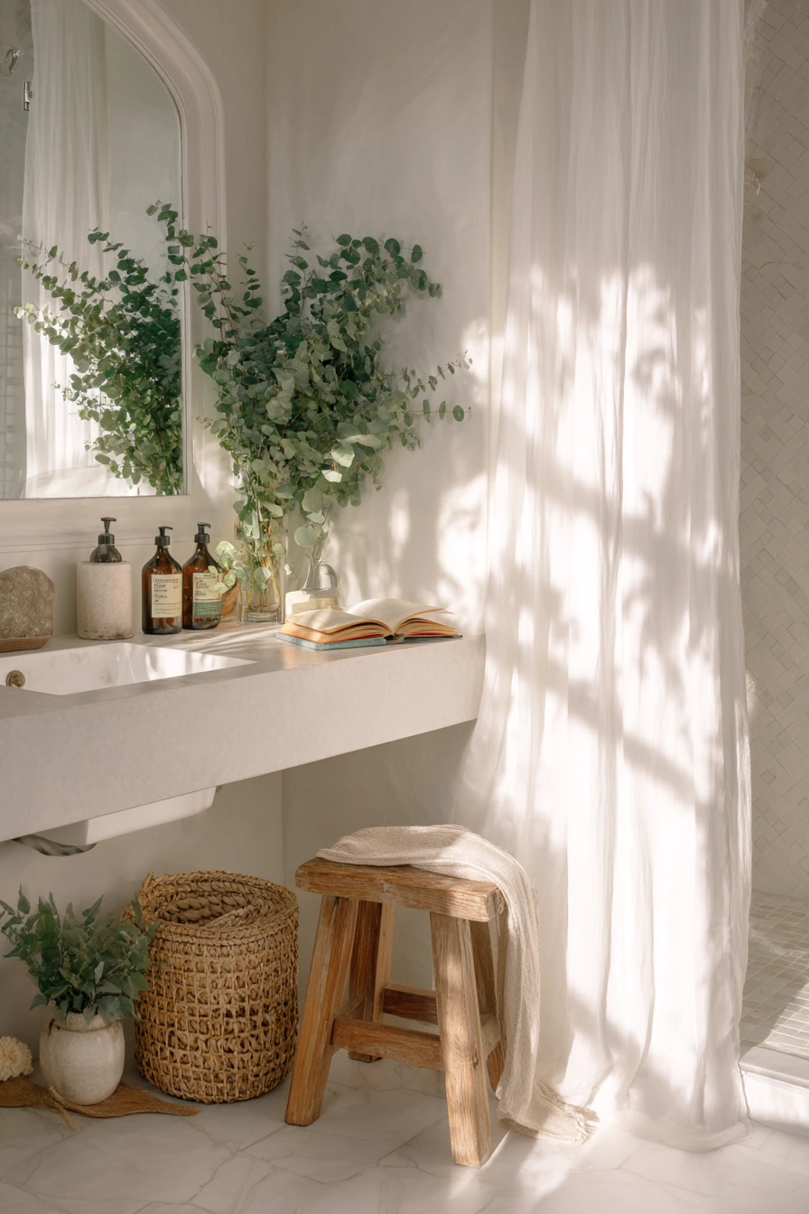 Minimal White Bathroom with Plants and Natural Texture