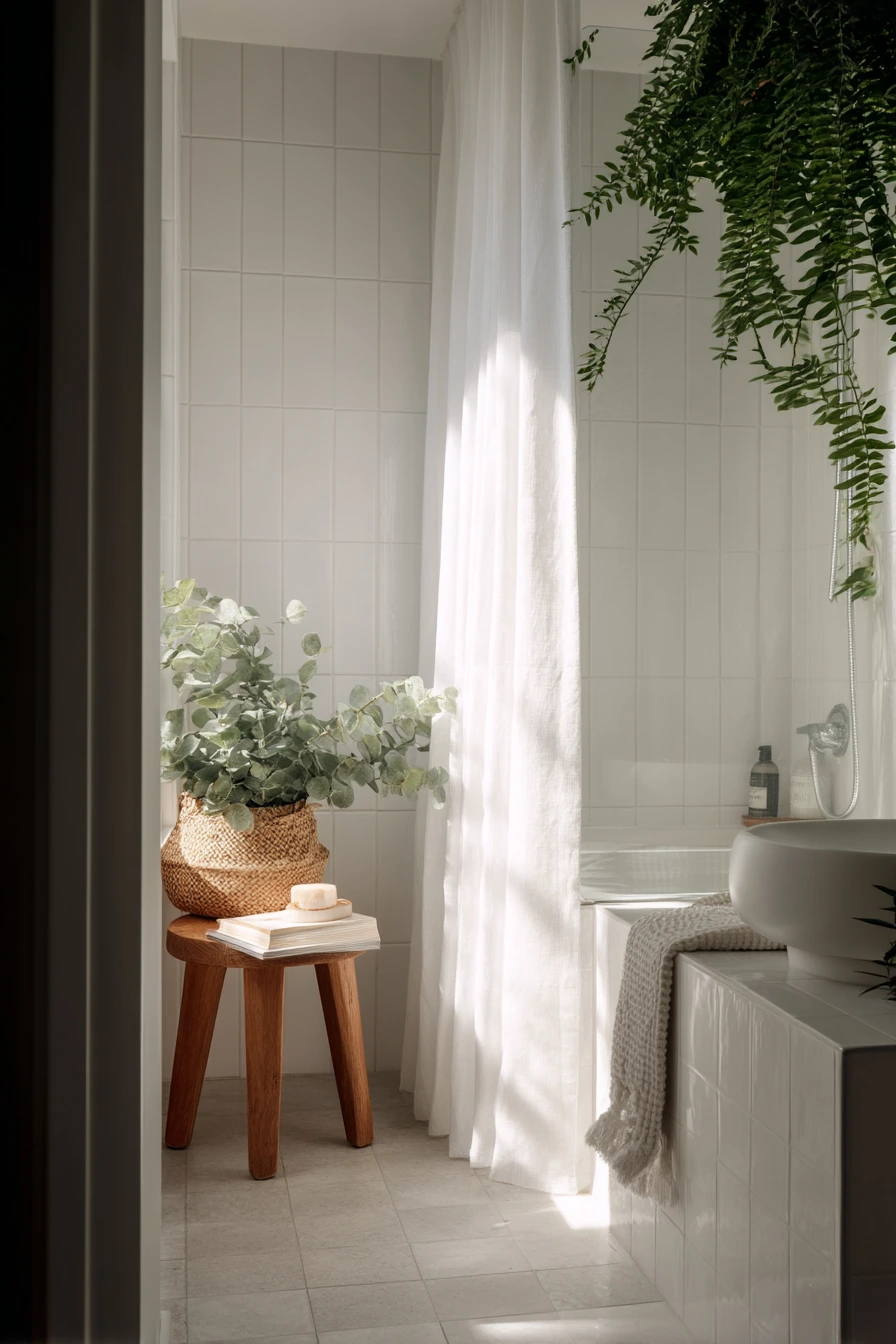 Minimal White Bathroom with Plants and Natural Texture