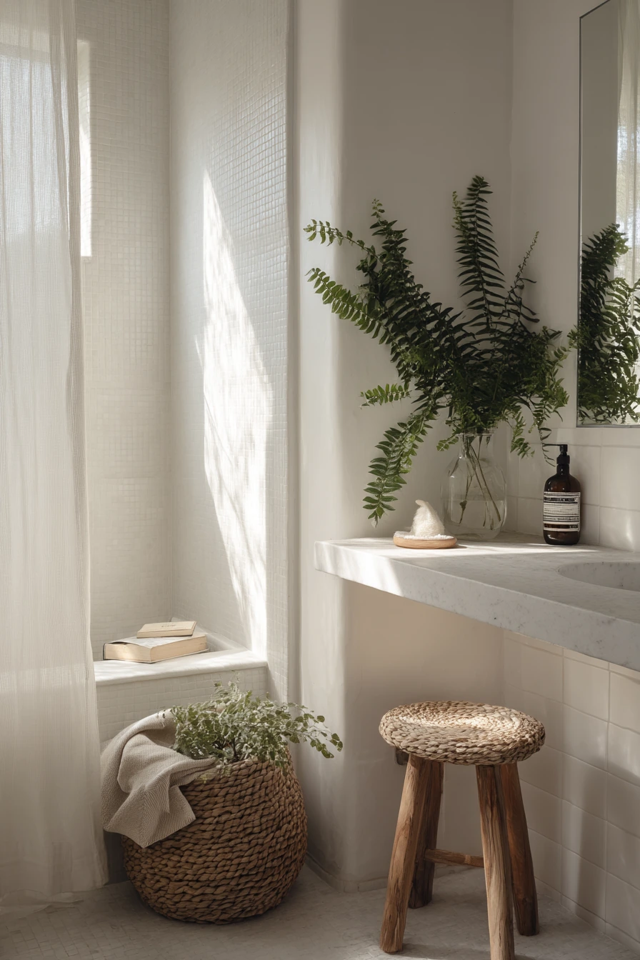 Minimal White Bathroom with Plants and Natural Texture