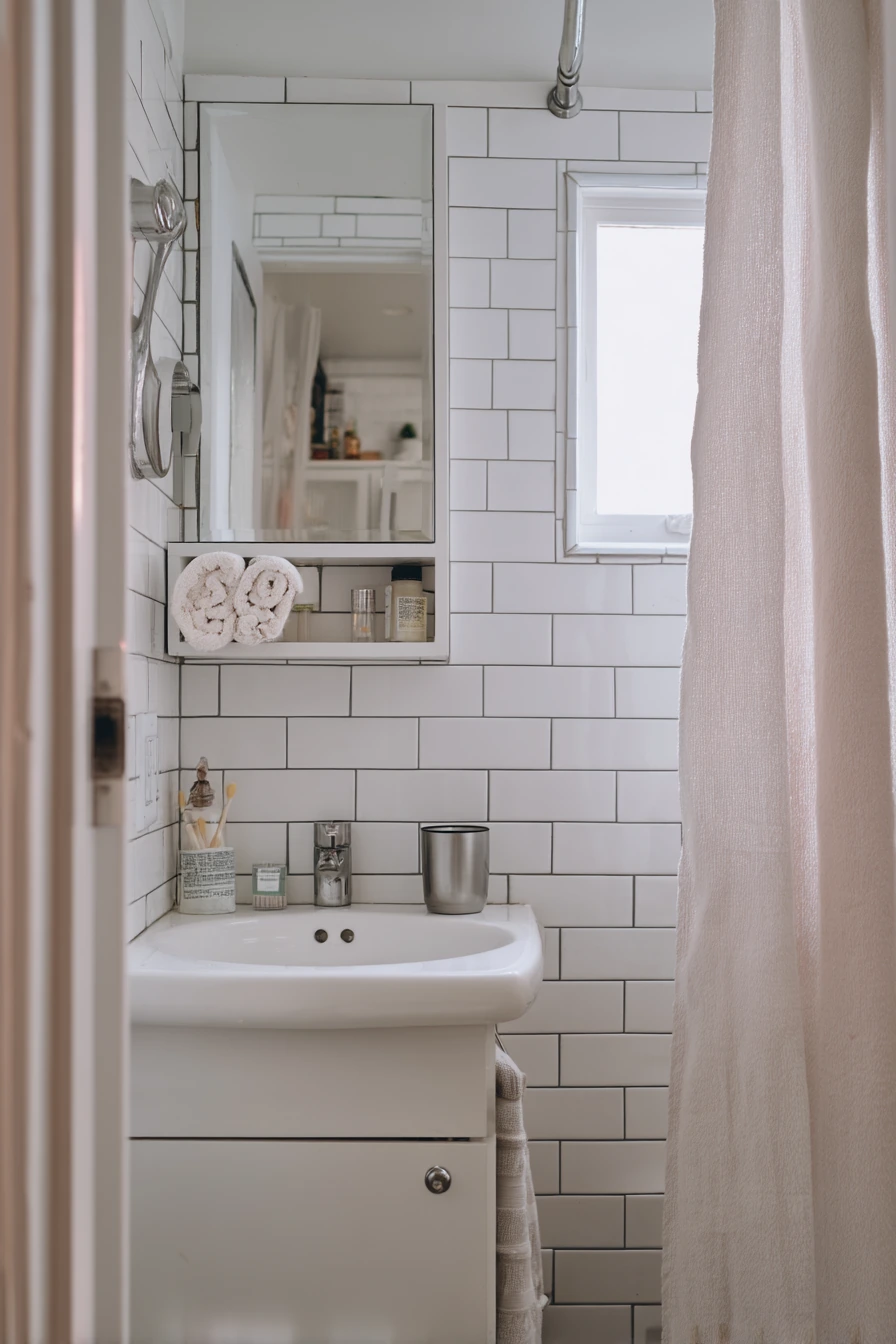 Small Apartment White Bathroom Storage Idea