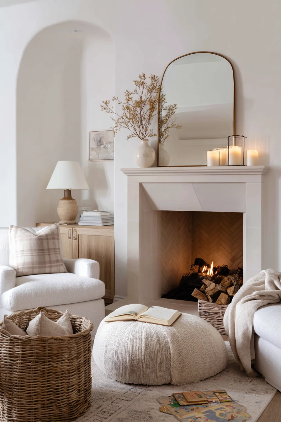 White Living Room with Fireplace Nook