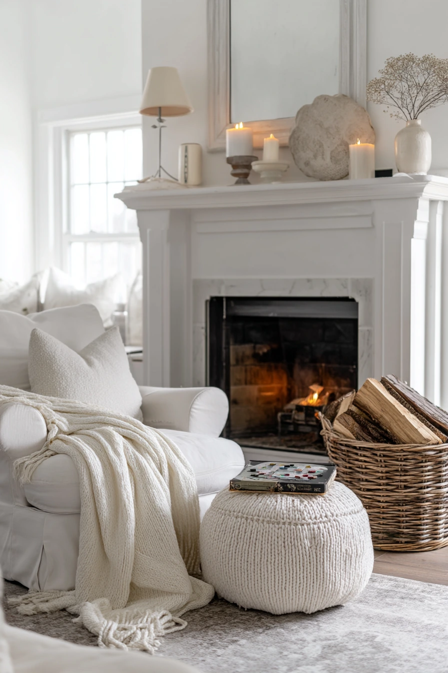 White Living Room with Fireplace Nook