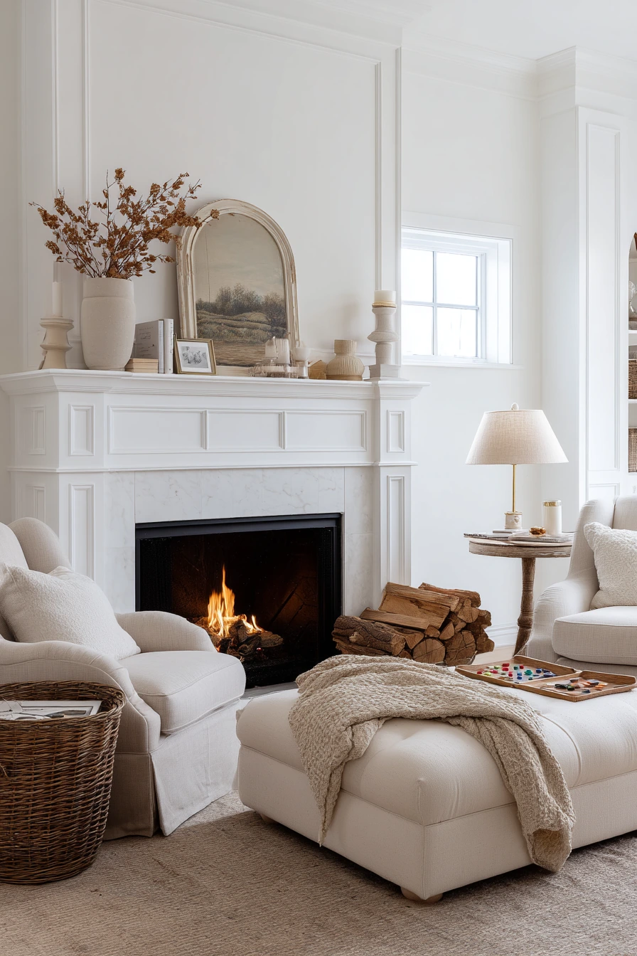 White Living Room with Fireplace Nook
