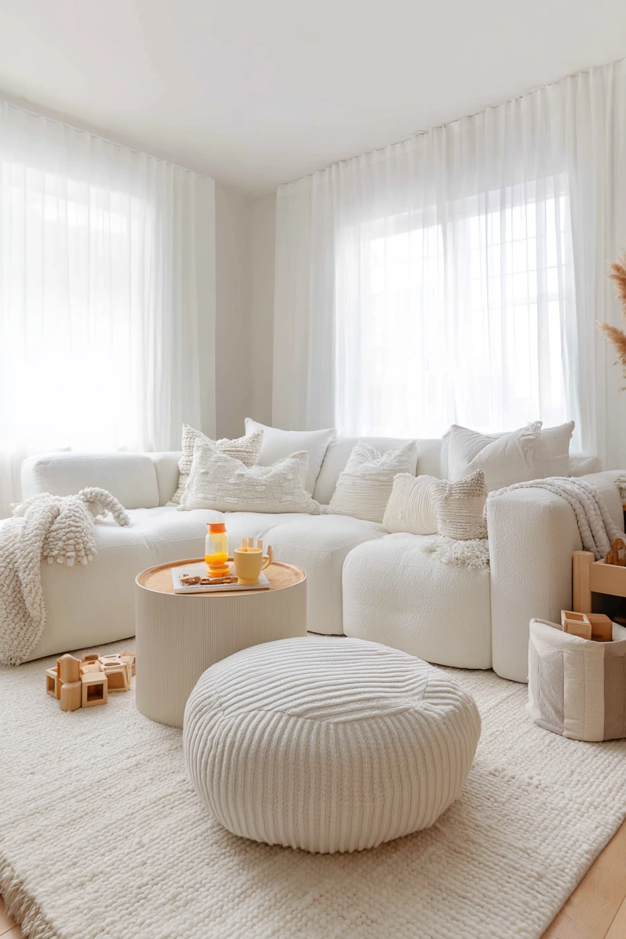 White Living Room with Kid-Friendly Softness