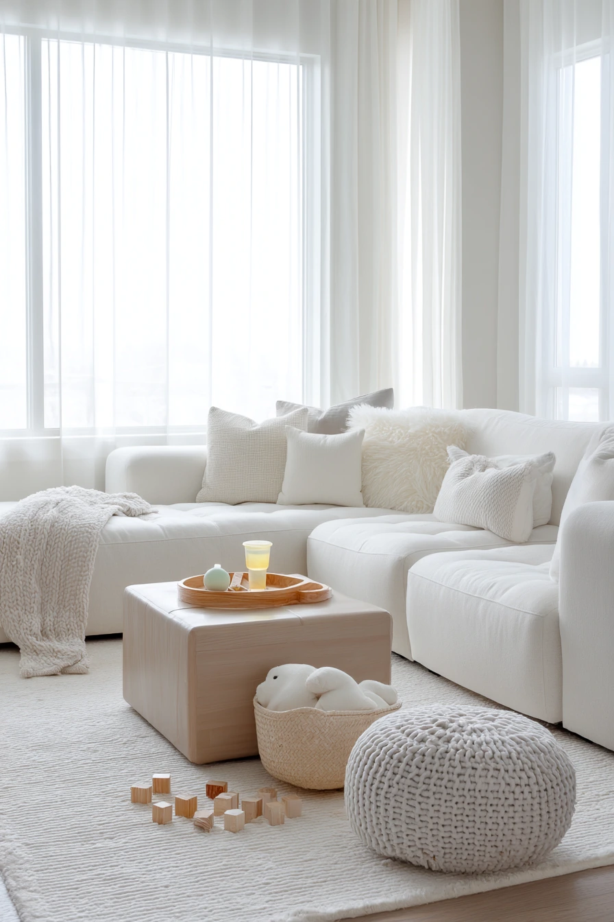 White Living Room with Kid-Friendly Softness