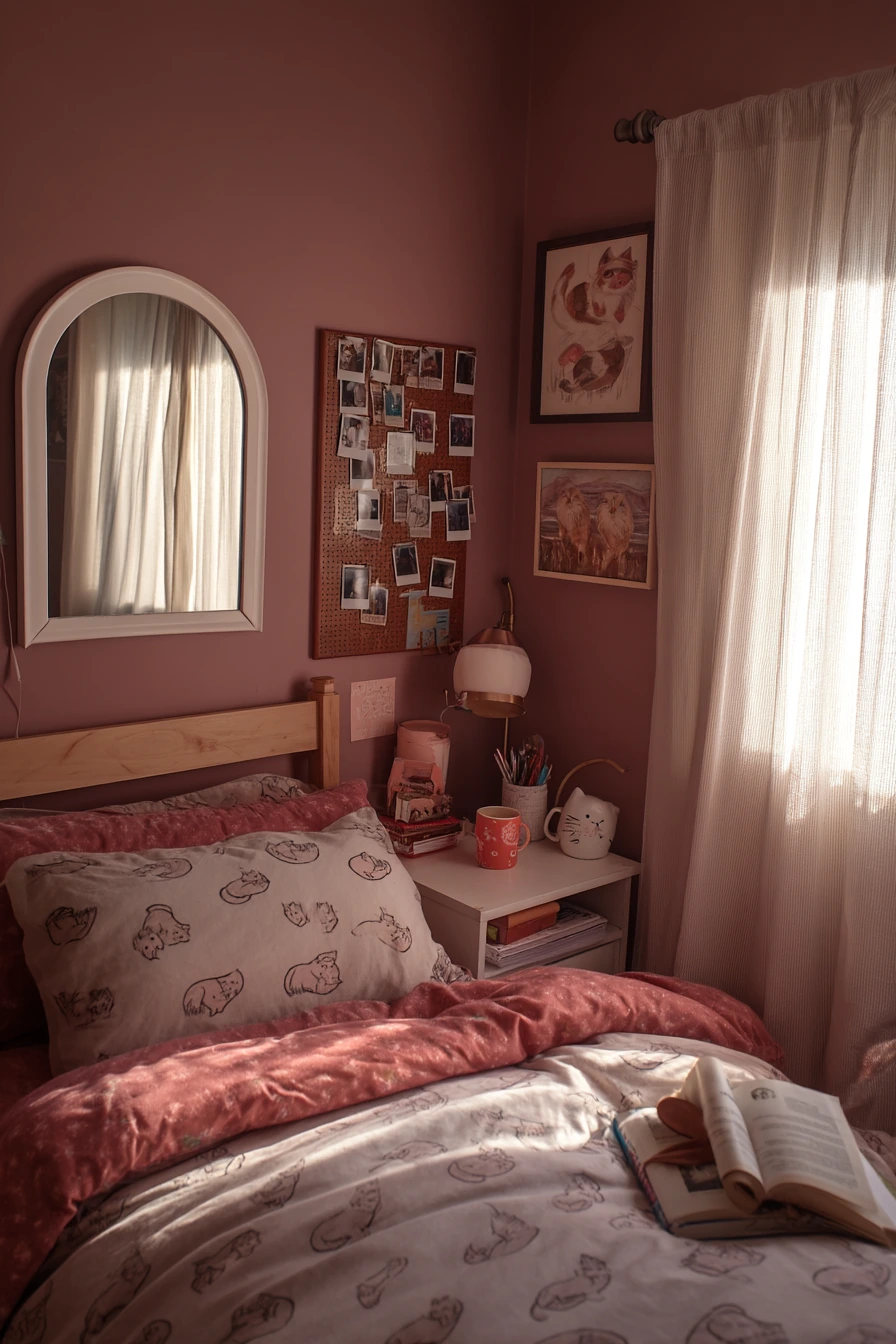 Girl’s Bedroom with Soft Cat Motifs