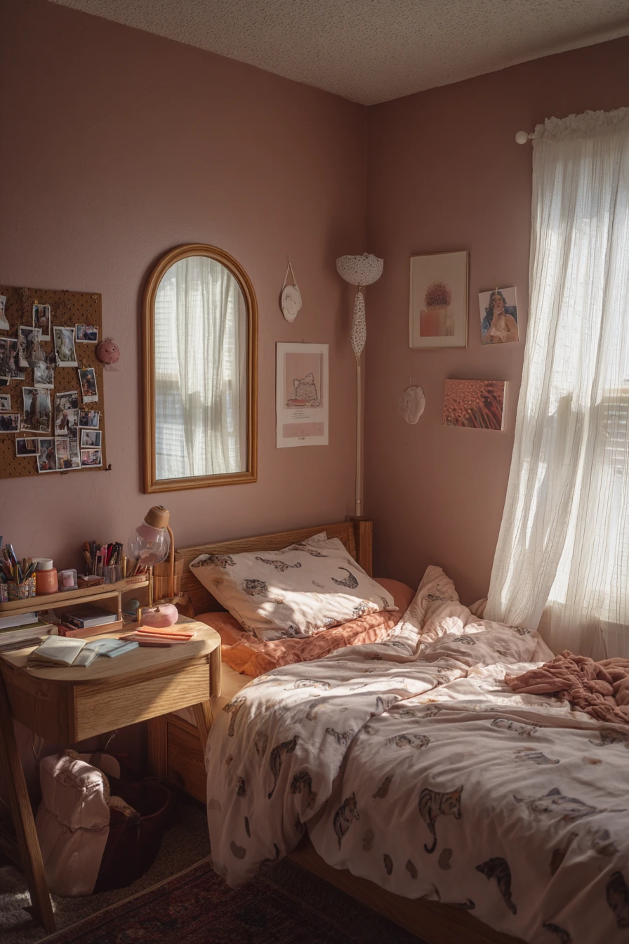 Girl’s Bedroom with Soft Cat Motifs