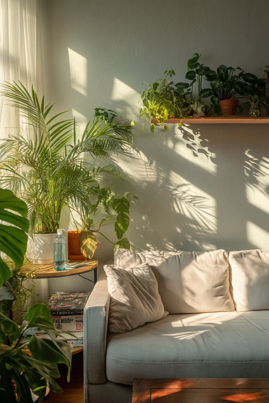 Plant-filled city apartment living room