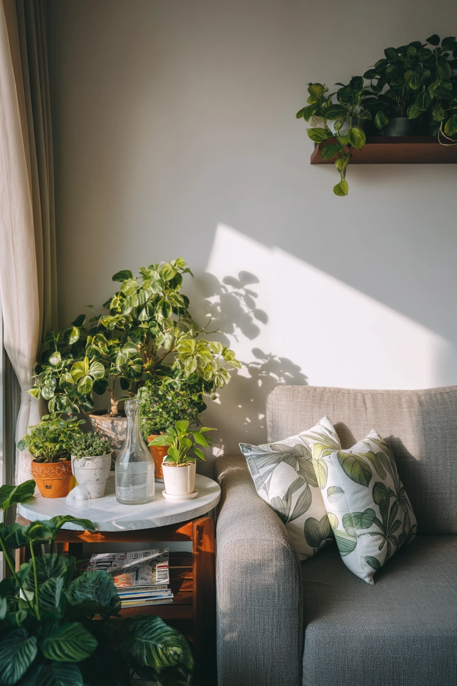 Plant-filled city apartment living room