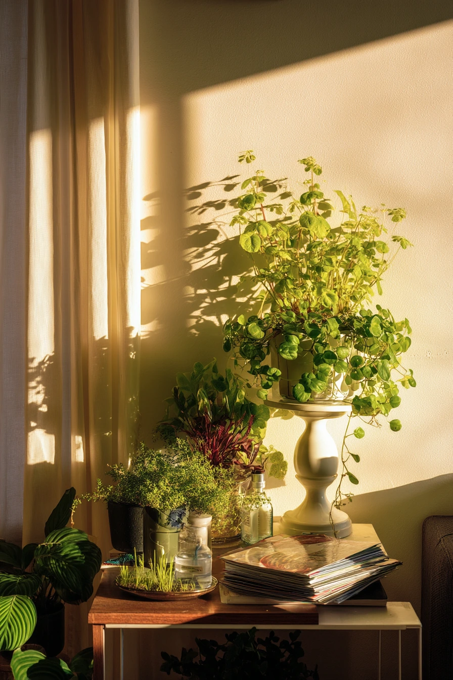 Plant-filled city apartment living room