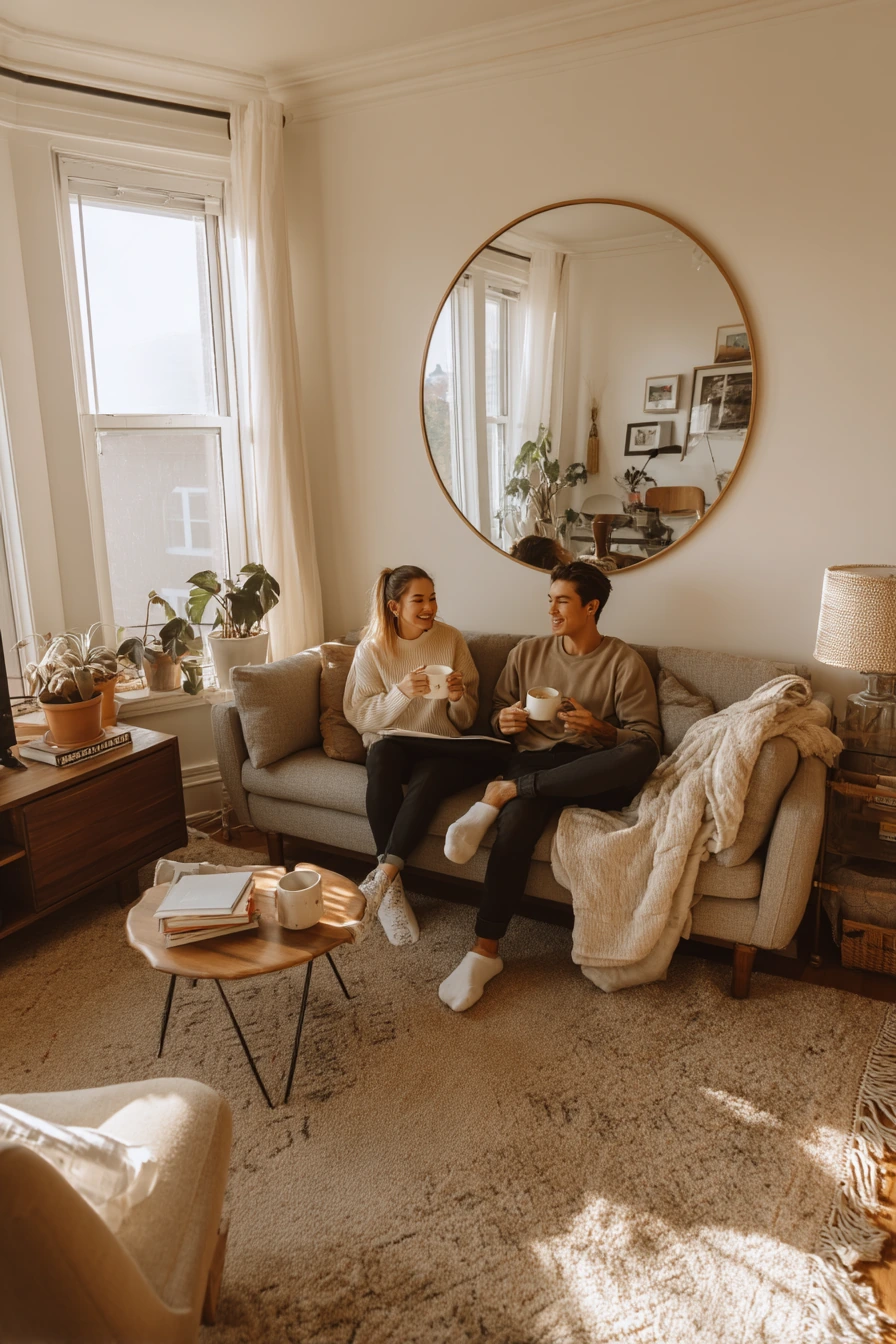 Morning coffee in a compact rental lounge