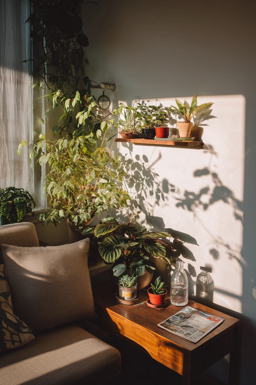 Plant-filled city apartment living room