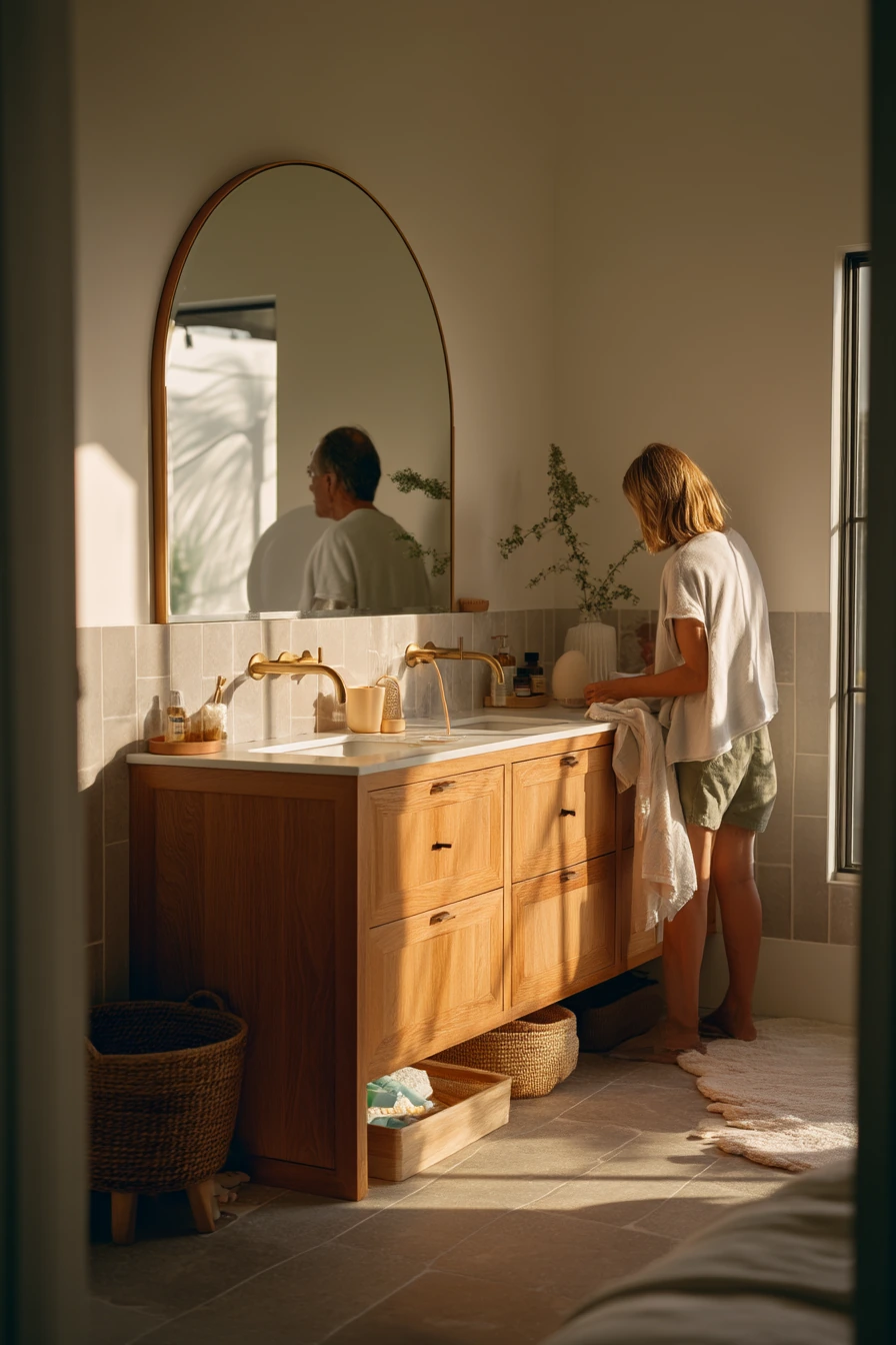 Shared Morning Vanity with a Thin Brass Arch